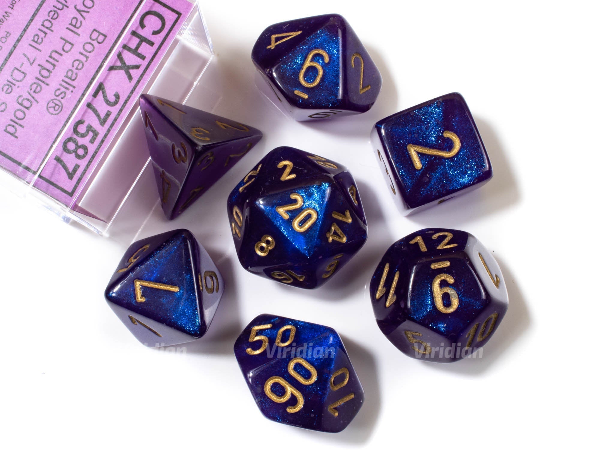 Borealis Purple & Gold Luminary | Chessex Dice Set (7) – Viridian Dice