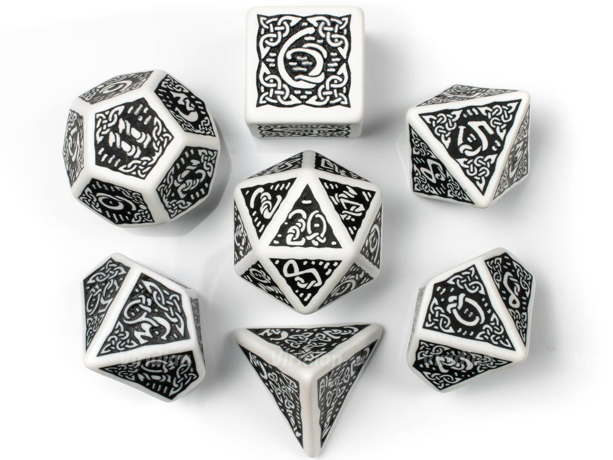 Celtic | White & Black Dice Set (7) | Q Workshop – Viridian Dice