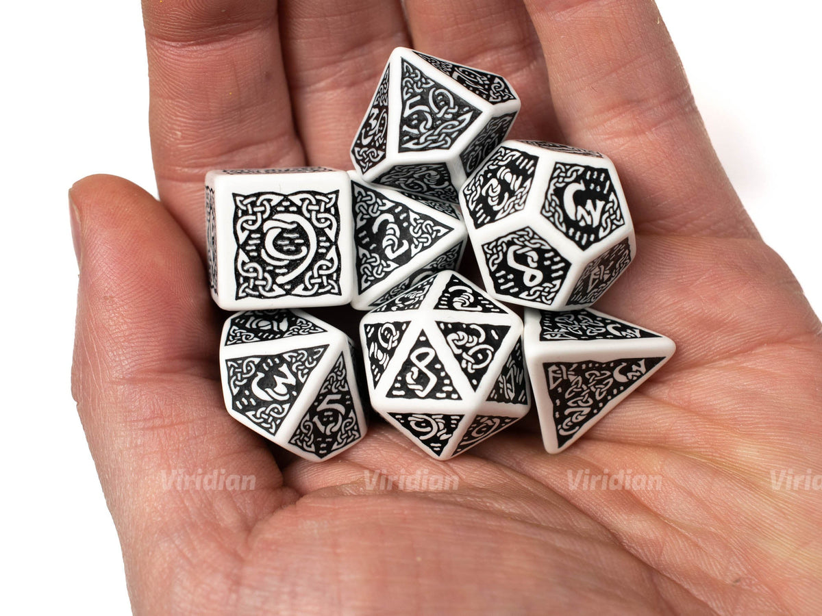 Celtic | White & Black Dice Set (7) | Q Workshop – Viridian Dice