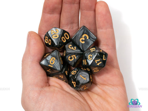 Crown of Madness | Pearled Black Swirled Acrylic Dice Set (7) | Dungeons and Dragons (DnD)