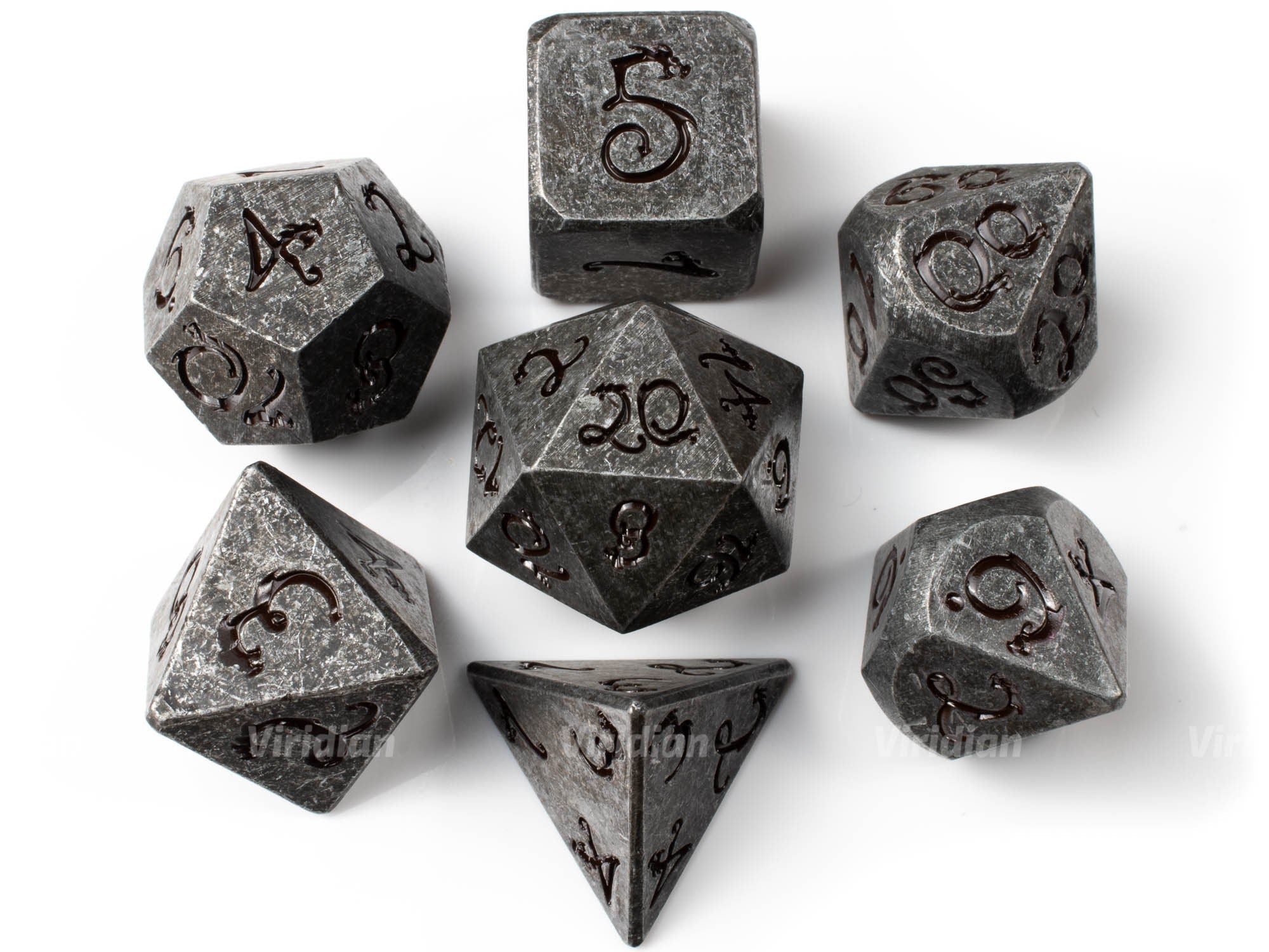 Dragonic Script | Distressed Gray, Dark Brown Ink Metal Dice Set (7) | Dungeons and Dragons (DnD) | Tabletop RPG Gaming