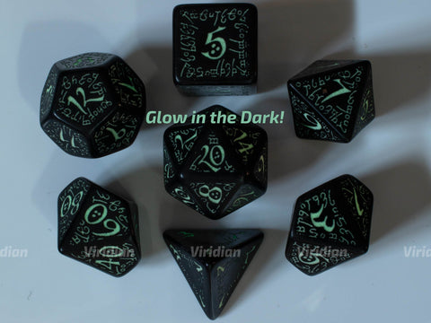 Elvish | Black & Glow In The Dark Green Dice Set (7) | Q Workshop
