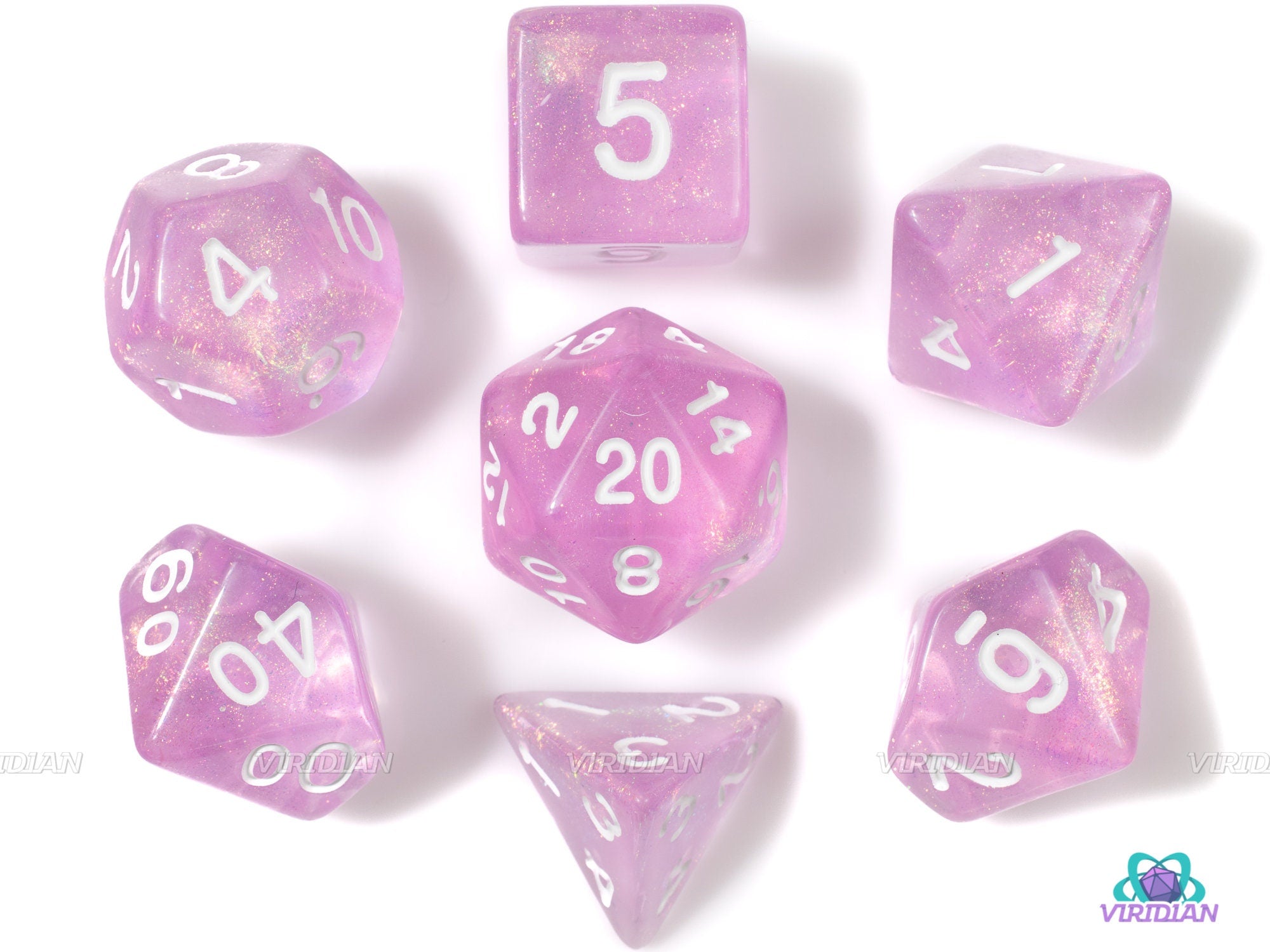Enchanted | Pink Swirls, Glittery Acrylic Dice Set (7) | TTRPG Dnd Polyhedral Set