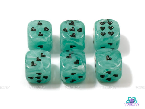 Heart Pipped D6's | Cirrus Swirled Set of 16mm D6s | Clear/White, Pink, Green, Blue, Purple | Chessex
