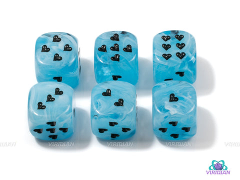 Heart Pipped D6's | Cirrus Swirled Set of 16mm D6s | Clear/White, Pink, Green, Blue, Purple | Chessex