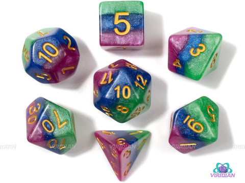 Jester's Gambit | Green, Blue and Magenta Layered Acrylic Dice Set (7) | Dungeons and Dragons (DnD)