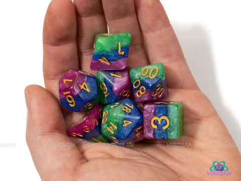 Jester's Gambit | Green, Blue and Magenta Layered Acrylic Dice Set (7) | Dungeons and Dragons (DnD)