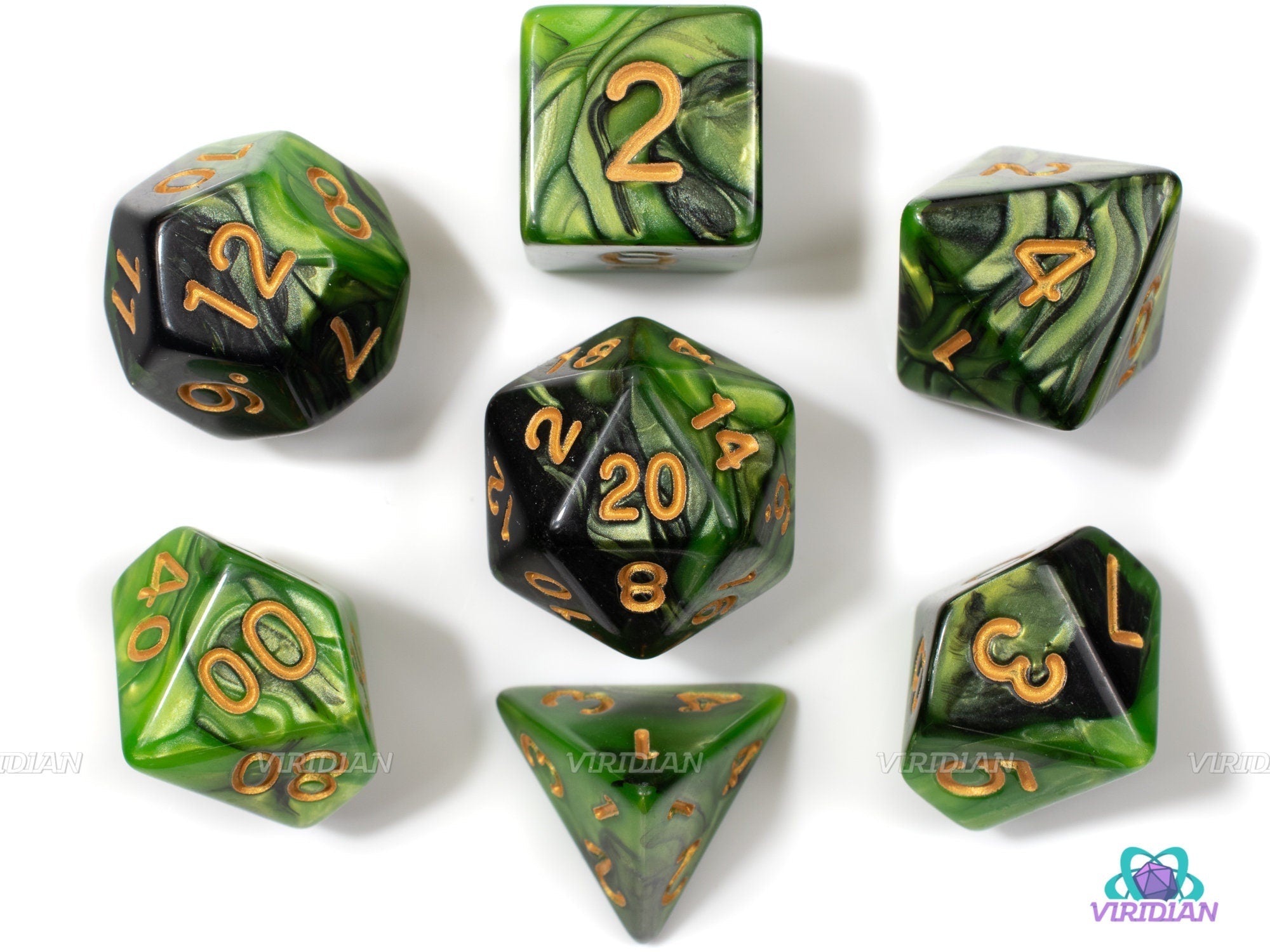 Jungle Canopy | Green & Black Swirled Acrylic Dice Set (7