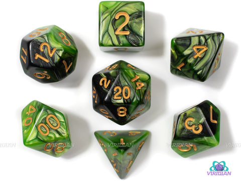 Jungle Canopy | Green & Black Swirled Acrylic Dice Set (7) | Dungeons and Dragons (DnD)