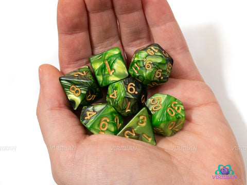 Jungle Canopy | Green & Black Swirled Acrylic Dice Set (7) | Dungeons and Dragons (DnD)