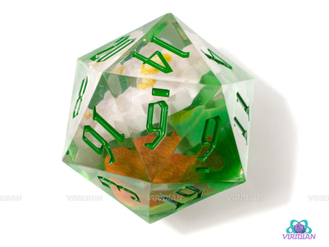 Lotus Pond | 33mm Sharp Edged Clear Resin with Flower, Fish Inside D20 Die (1)