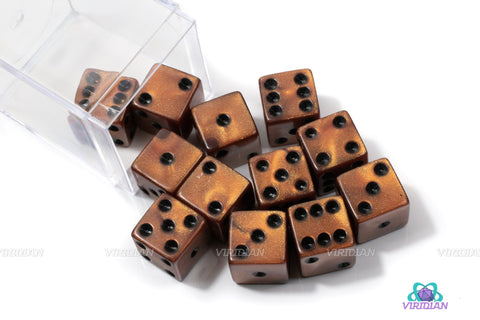 Olympic Bronze | (12) 16mm Acrylic Brown Pearled Pipped D6 Dice