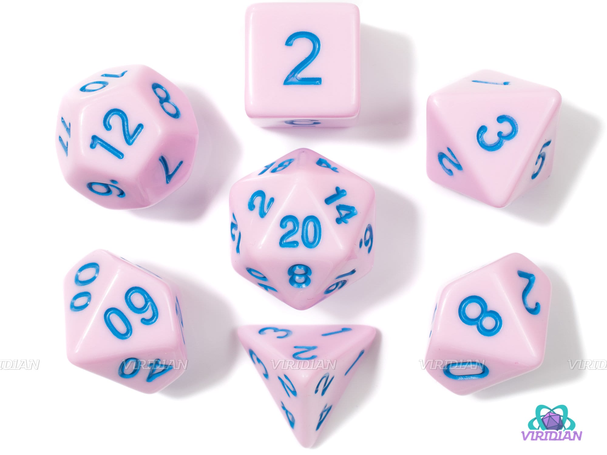 Pink Marshmallow | Pink Pastel w Blue Text Acrylic Dice Set (7