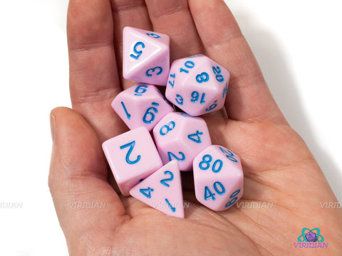 Pink Marshmallow | Pink Pastel w Blue Text Acrylic Dice Set (7) | Dungeons and Dragons (DnD)