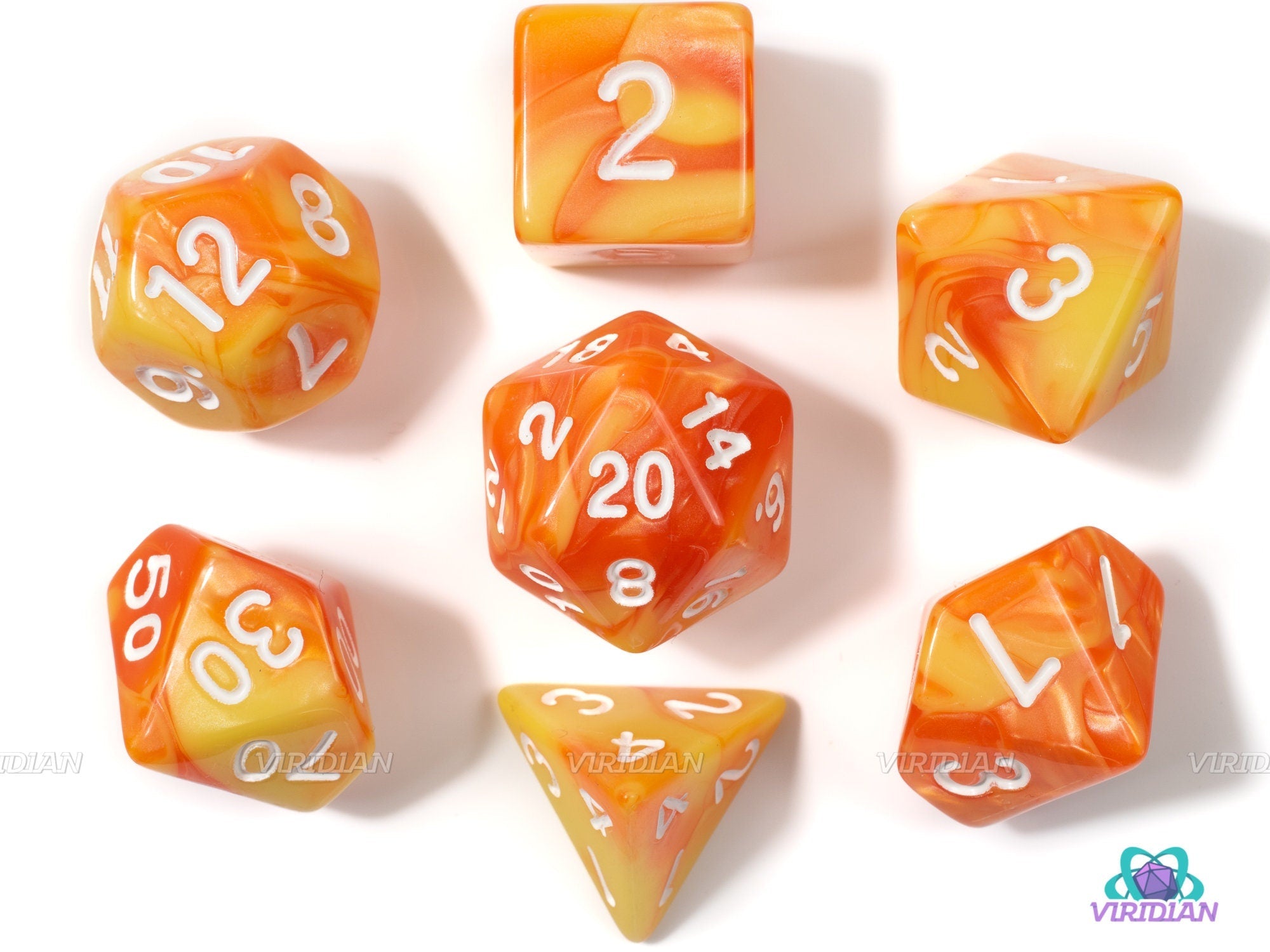 Radiant Sunburst | Orange & Yellow Swirl Acrylic Dice Set (7) | Dungeons and Dragons (DnD)