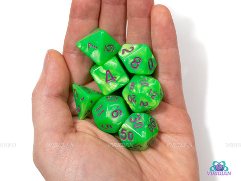 Queen's Apple | Green Pearled w Purple Text Acrylic Dice Set (7) | Dungeons and Dragons (DnD)