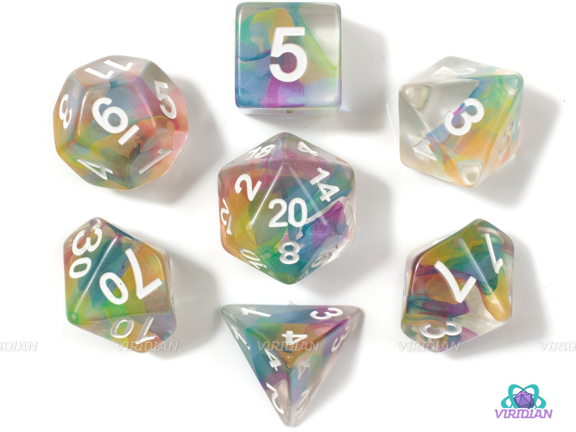 Rainbow Ribbon | Clear Resin Dice Set (7) | Dungeons and Dragons (DnD)