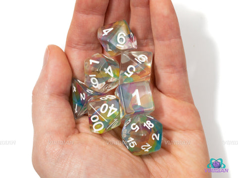 Rainbow Ribbon | Clear Resin Dice Set (7) | Dungeons and Dragons (DnD)