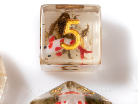 Red Koi | Fish & Moss Inside Clear Resin Dice Set (7) | Dungeons and Dragons (DnD)