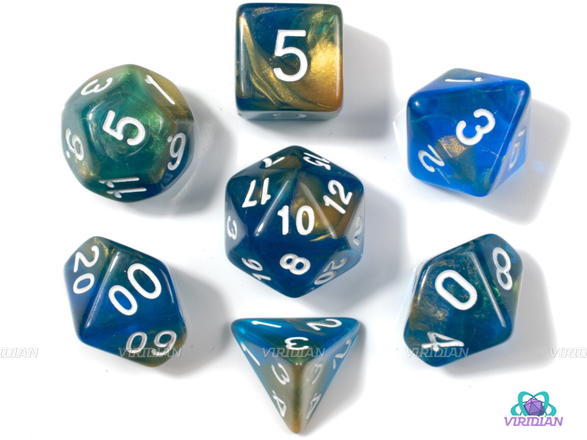 Riptide | Blue, Teal & Gold Translucent Acrylic Dice Set (7) | Dungeons and Dragons (DnD)