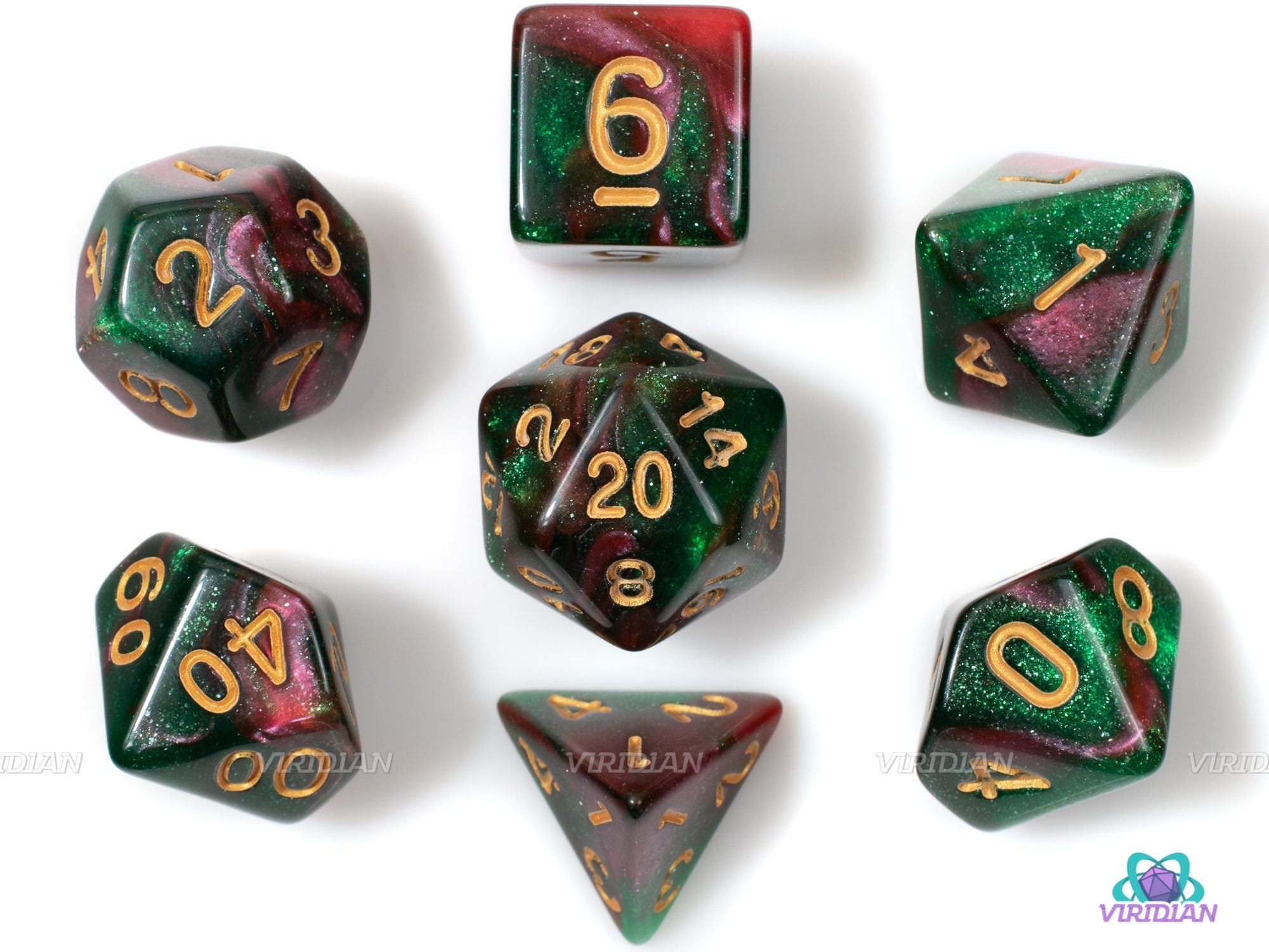 Rose Garden | Red & Green Glittery Acrylic Dice Set (7) | Dungeons