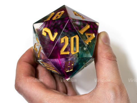 Talons & Storms | 55mm Giant Feather Filled Resin D20 Die (1) | Viridian Exclusive