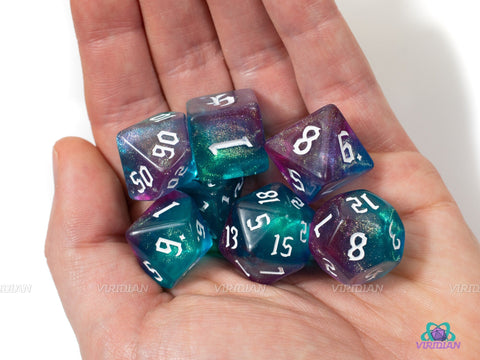 Techno Arcana | Green, Purple & Gold Glitter Acrylic Dice Set (7) | Dungeons and Dragons (DnD)