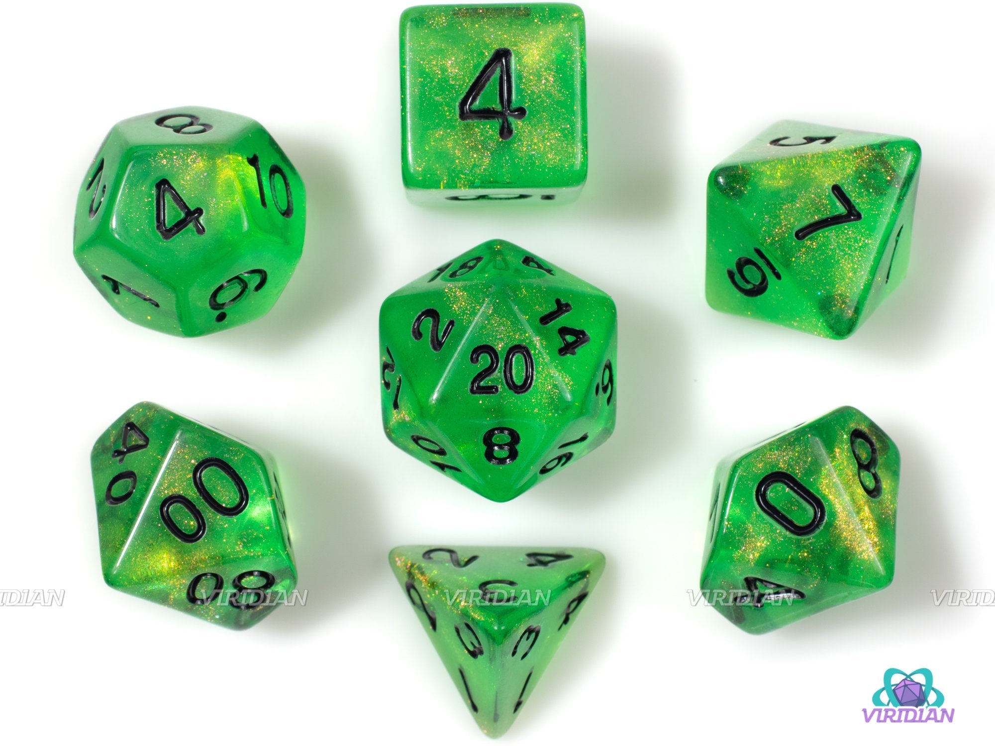The Lost Woods | Green and Black Glittery Acrylic Dice Set (7