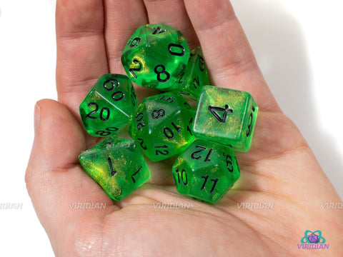 The Lost Woods | Green and Black Glittery Acrylic Dice Set (7) | TTRPG Dnd Polyhedral Set