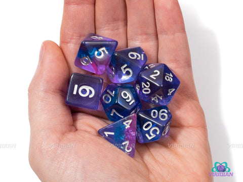 Tropical Sky | Pink, Blue & Purple Translucent Layered Acrylic Dice Set (7) | Dungeons and Dragons (DnD)