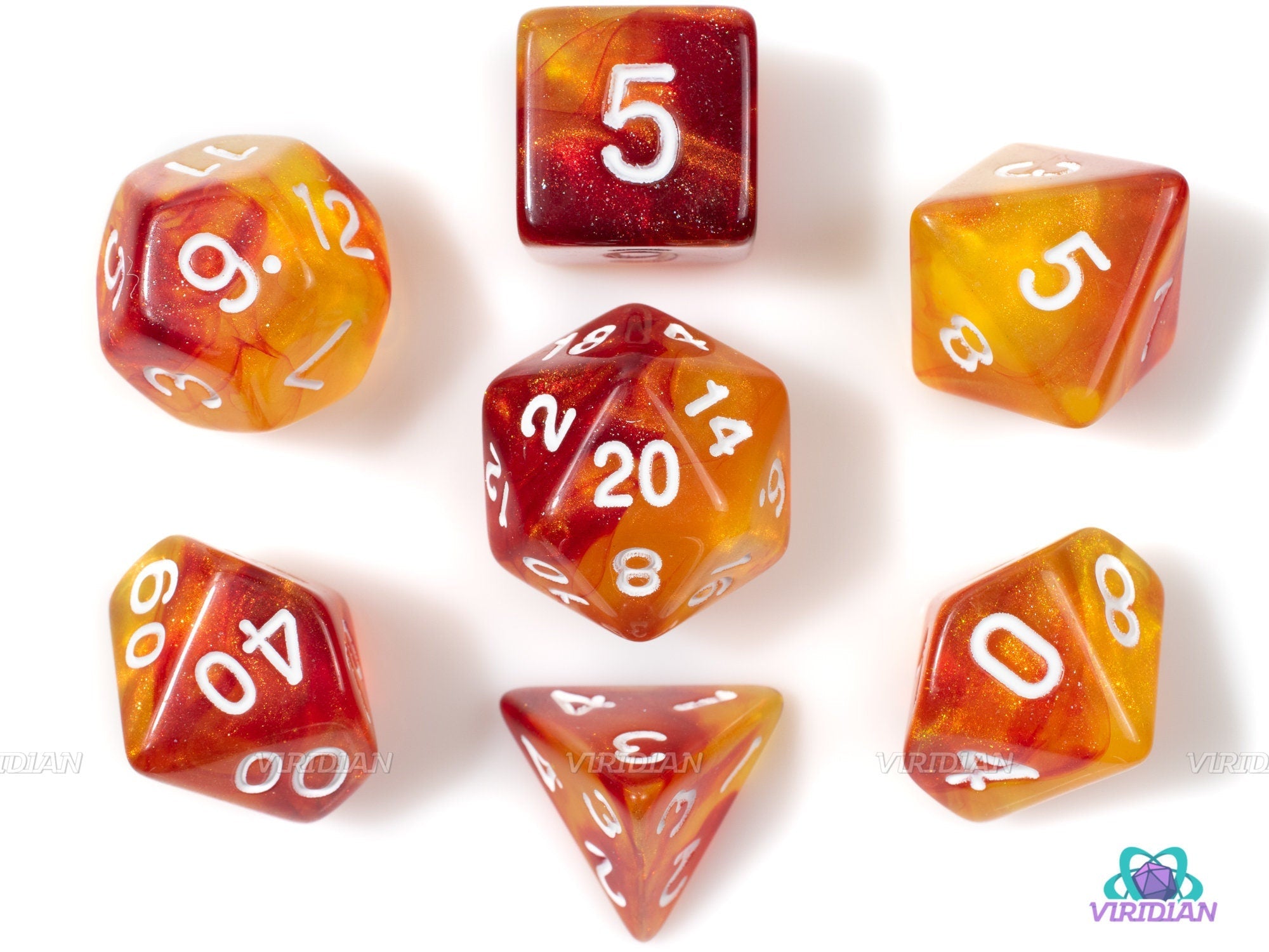 Vesuvius | Red, Yellow Swirled, Glittery Acrylic Dice Set (7) | TTRPG Dnd Polyhedral Set