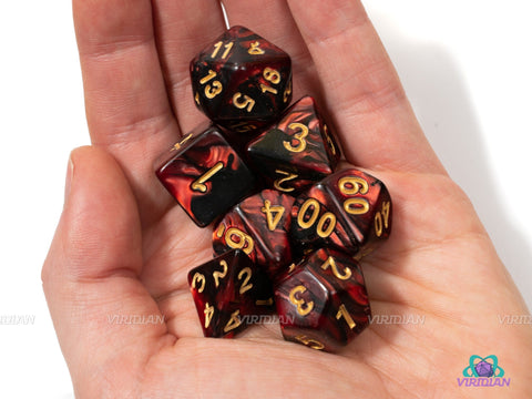 Volcanic Fire | Red & Black Swirl Acrylic Dice Set (7 or 11) | Dungeons and Dragons (DnD)