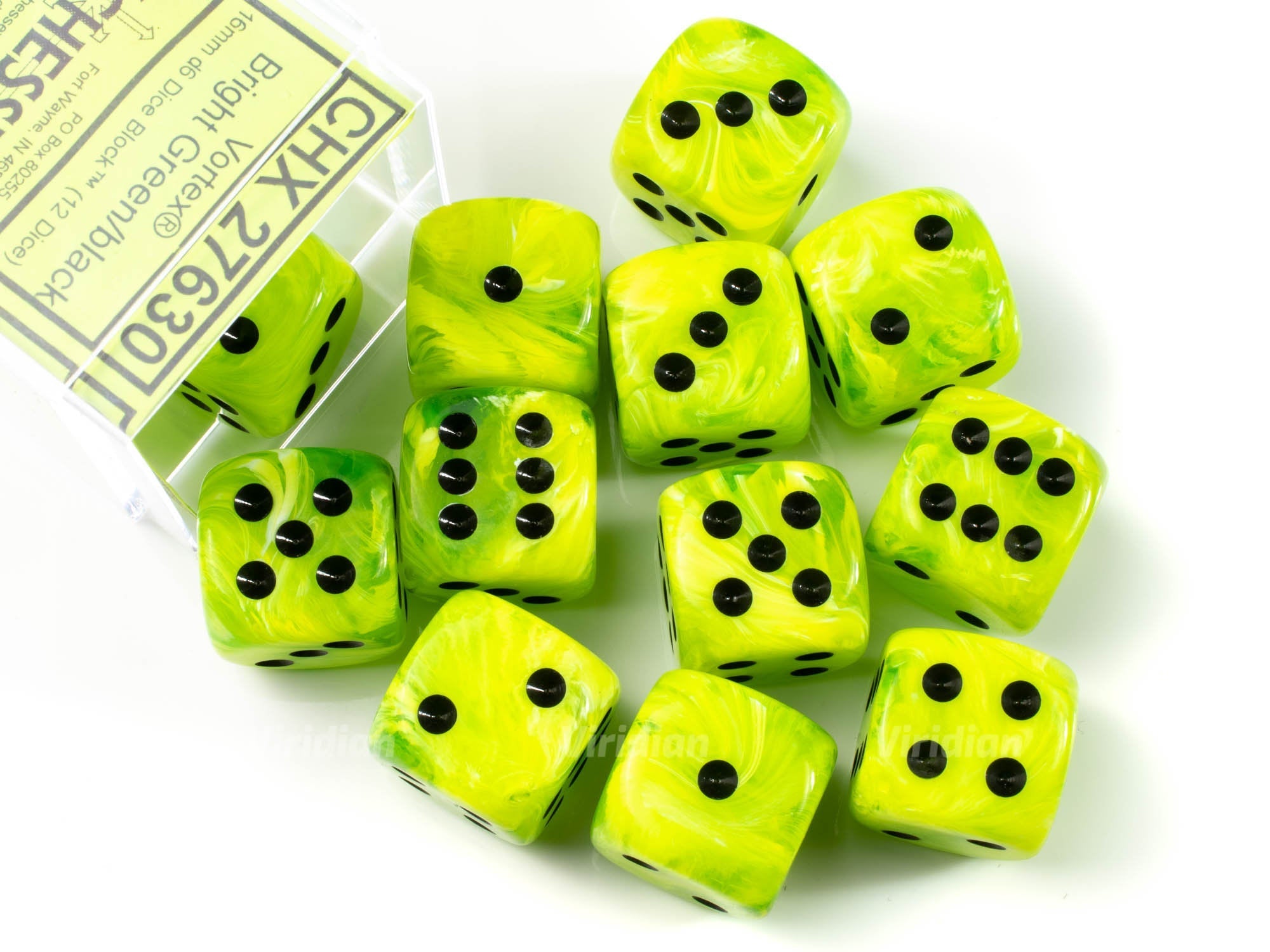 Vortex Bright Green & Black | D6 Block | Chessex Dice (12