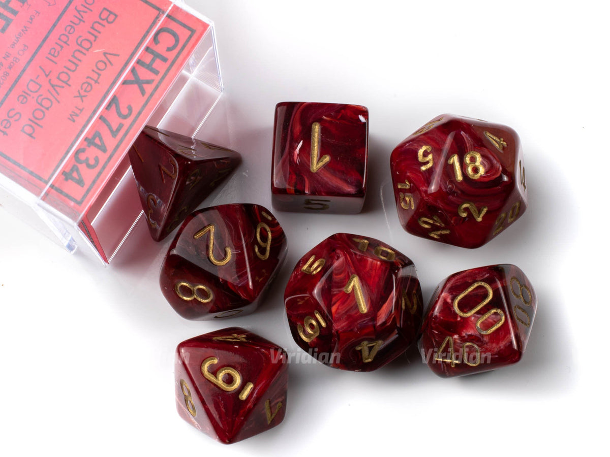 Vortex Burgundy And Gold Chessex Dice Set 7 Viridian Dice