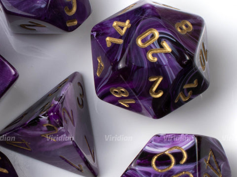 Vortex Purple & Gold | Acrylic Deep Violet Swirls | Dice Set (7)