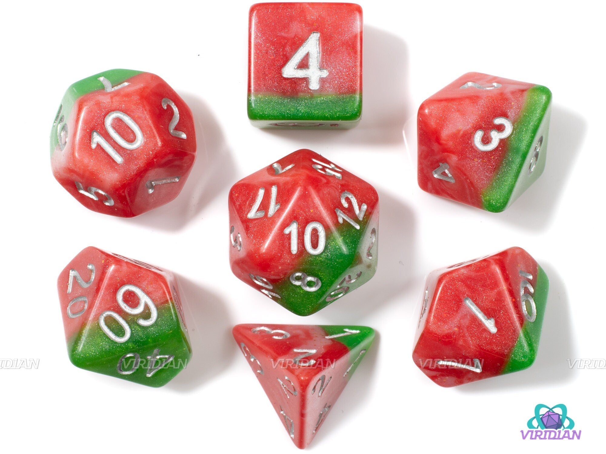 Watermelon Slice |  Red, Pink, White Swirled, Green Layered, Silver Ink | Acrylic Dice Set (7)