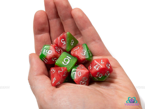 Watermelon Slice |  Red, Pink, White Swirled, Green Layered, Silver Ink | Acrylic Dice Set (7)