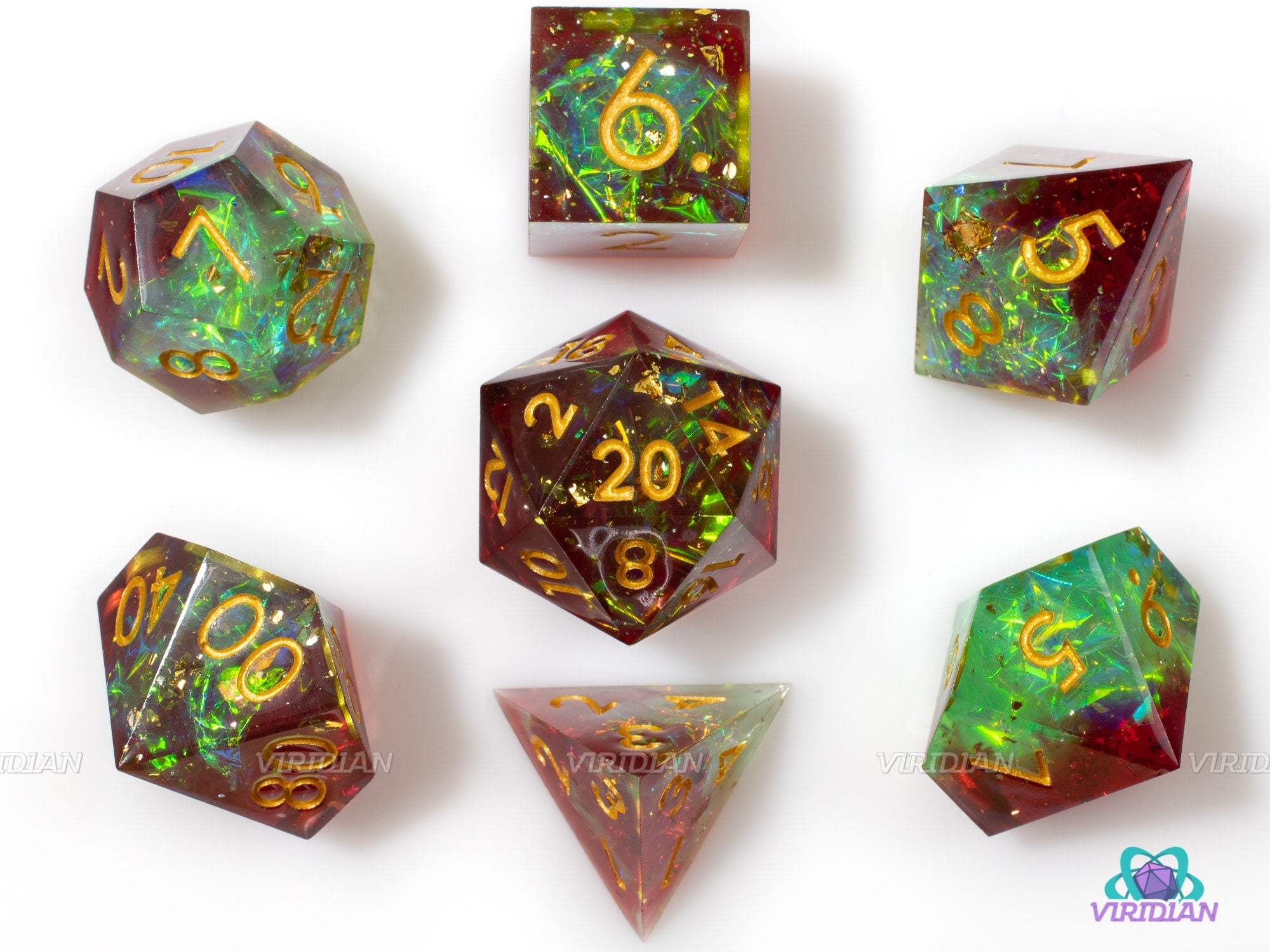Wizard's Vineyard | Sharp-Edged Holographic Film | Maroon Red & Green Translucent, Glittery Resin Dice Set (7)