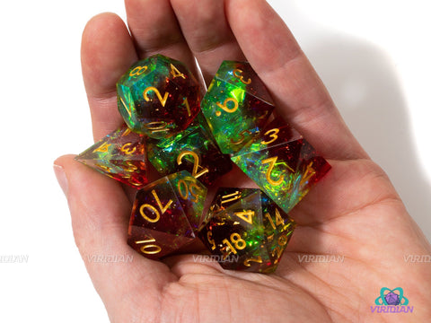 Wizard's Vineyard | Sharp-Edged Holographic Film | Maroon Red & Green Translucent, Glittery Resin Dice Set (7)