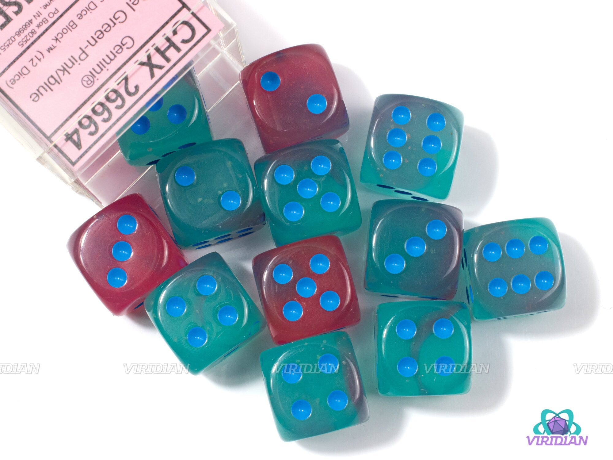 Gemini Gel Green & Pink Luminary | D6 Block | Chessex Dice (12