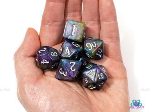 Retrowave | Green, Purple, Yellow, Black Acrylic Dice Set (7) | Dungeons and Dragons (DnD)