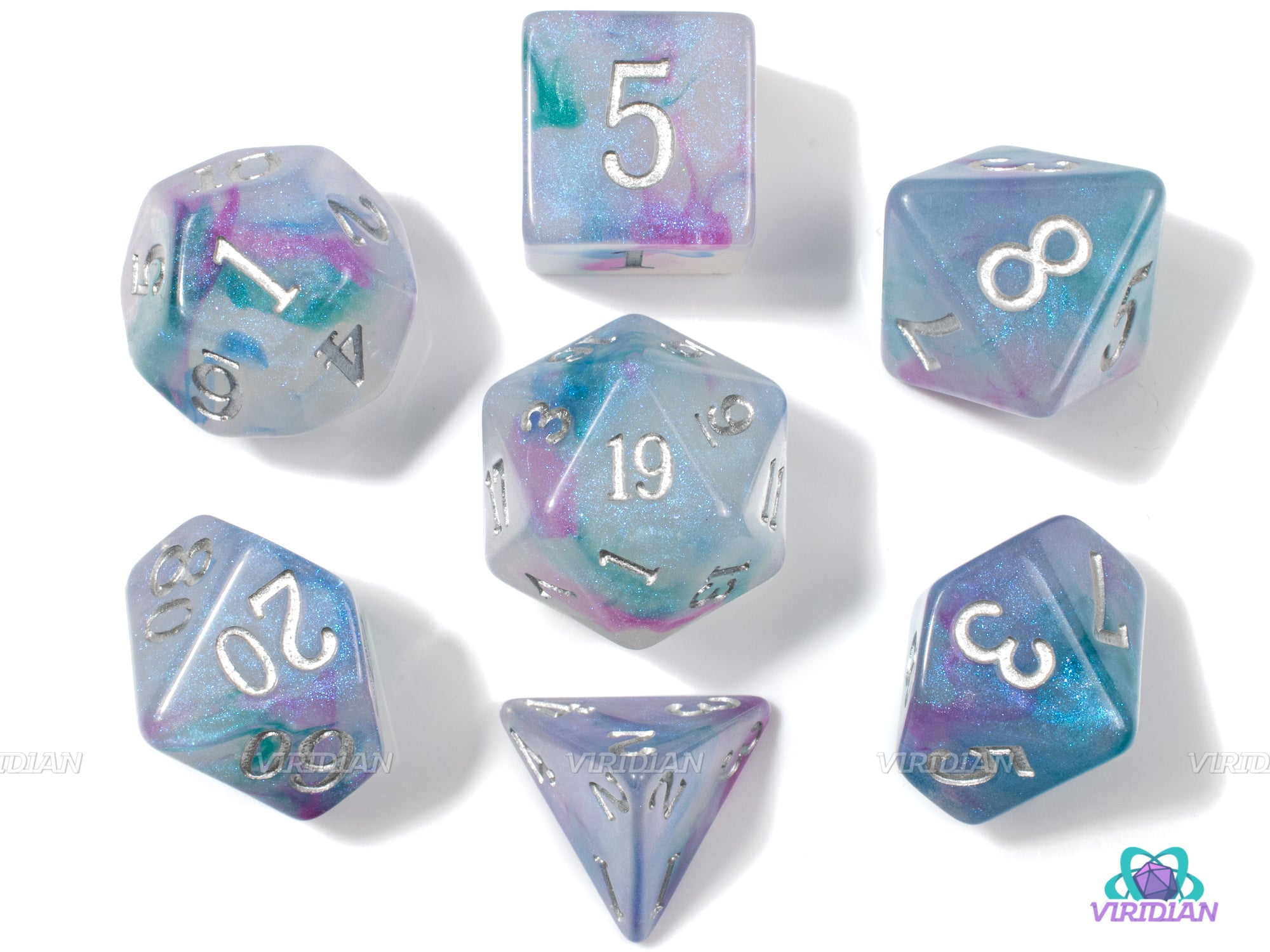 Gosamer Wings | Blue, Purple and White Swirled Acrylic Dice Set (7) | Dungeons and Dragons (DnD)