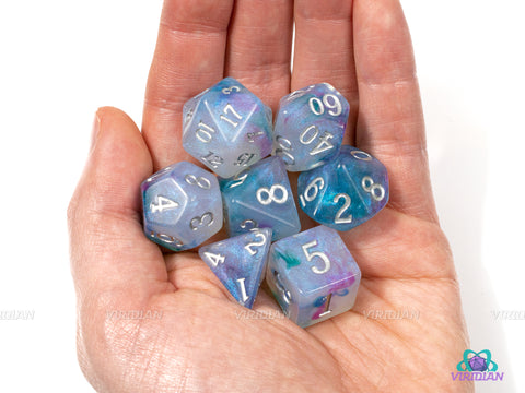 Gosamer Wings | Blue, Purple and White Swirled Acrylic Dice Set (7) | Dungeons and Dragons (DnD)