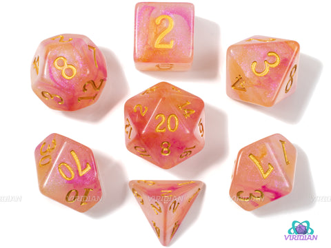 Gilded Roses | Pink Orange Gold Acrylic Dice Set (7) | Dungeons and Dragons (DnD)