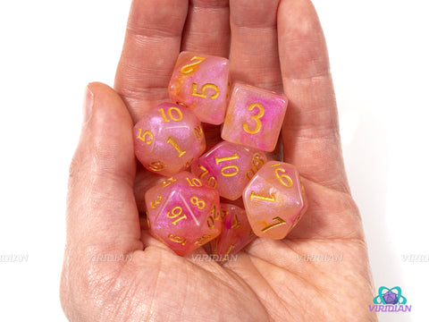 Gilded Roses | Pink Orange Gold Acrylic Dice Set (7) | Dungeons and Dragons (DnD)