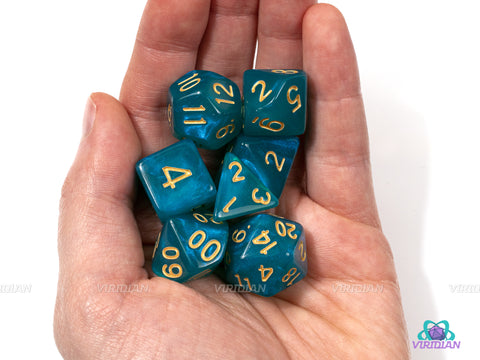 Moonstone | Teal Green Shimmery Acrylic Dice Set (7) | Dungeons and Dragons (DnD)