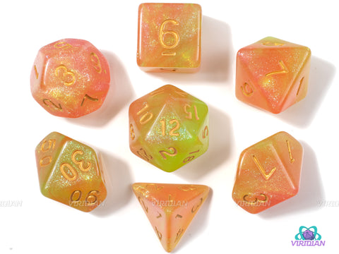 Sunrise | Yellow, Orange and Red Swirled Glitter Acrylic Dice Set (7) | Dungeons and Dragons (DnD)