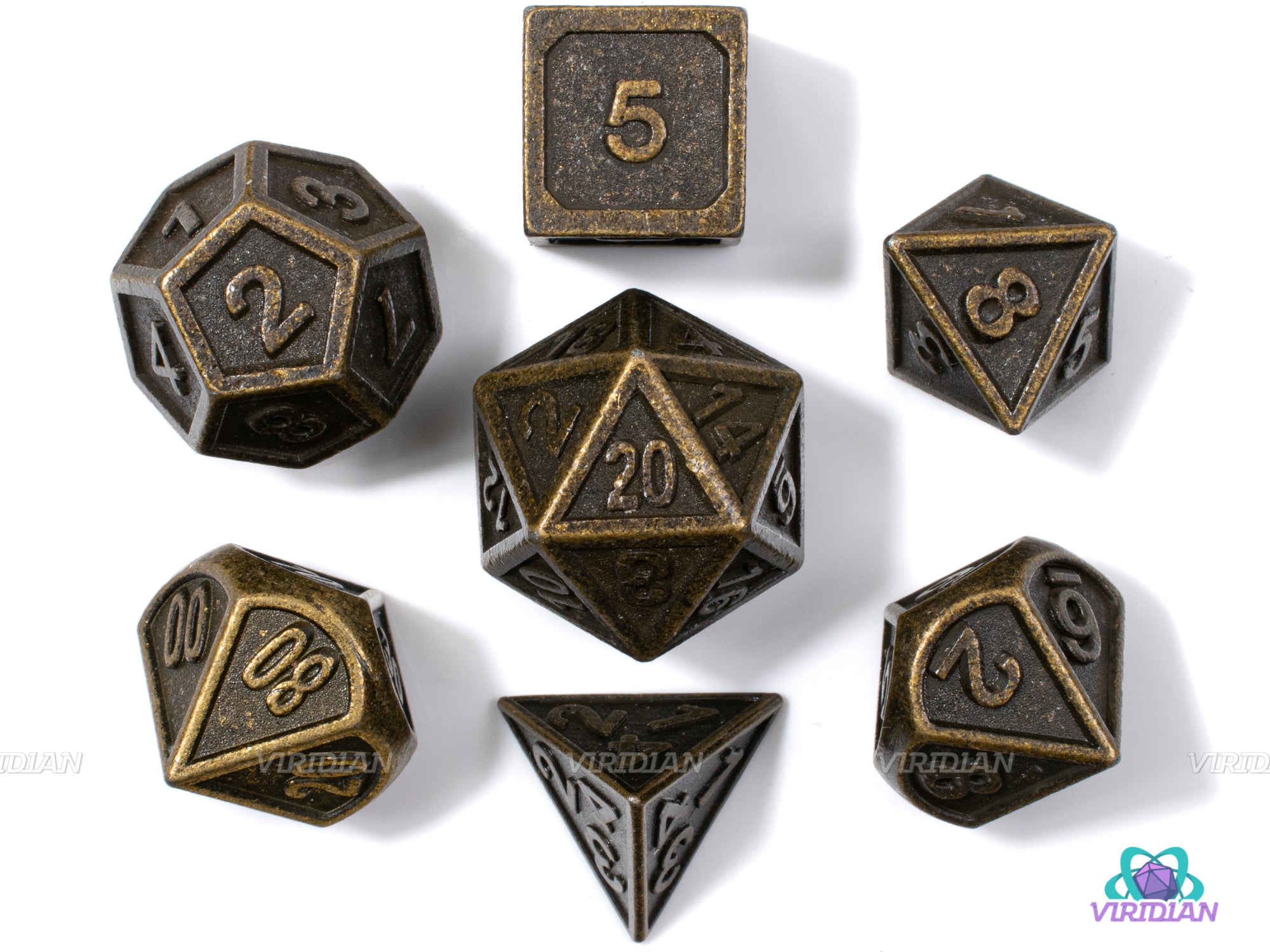 Rusted Machine | Ornate Brass Metal Dice Set (7) | Dungeons and Dragons (DnD) | Tabletop RPG Gaming
