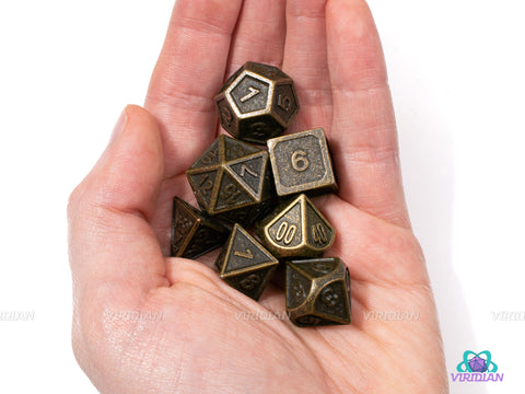 Rusted Machine | Ornate Brass Metal Dice Set (7) | Dungeons and Dragons (DnD) | Tabletop RPG Gaming