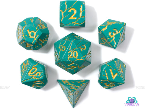 Copper Colossus | Teal & Gold with Cracks Large Metal Dice Set (7)